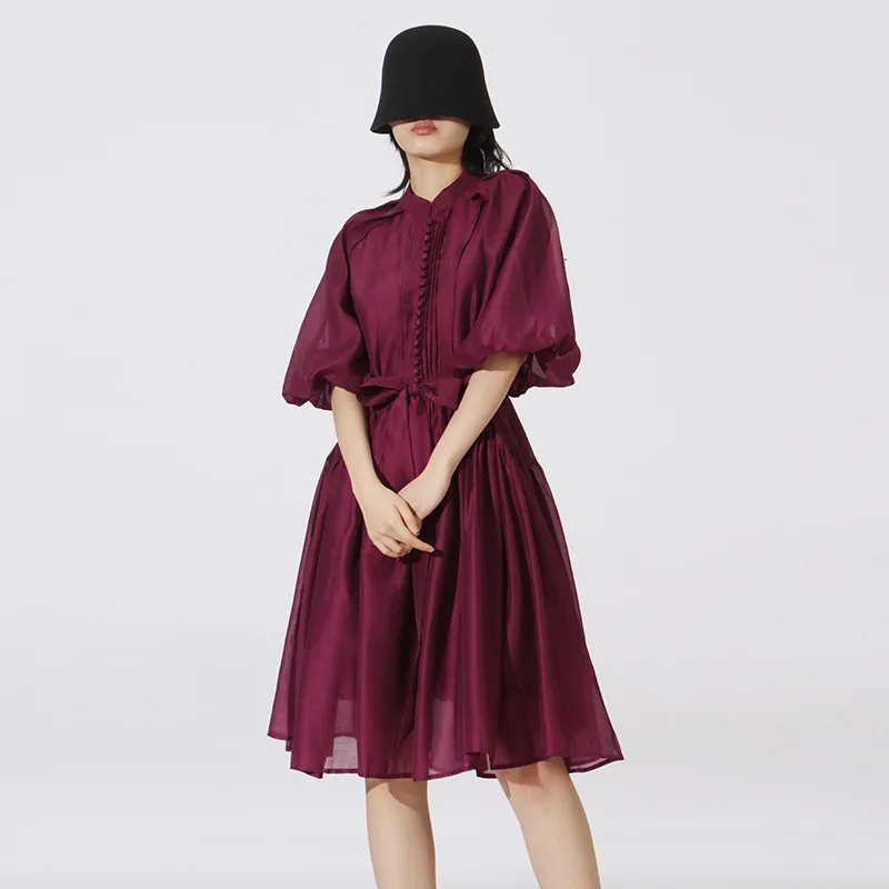 الفرنسية الرجعية نمط الدانتيل يصل فساتين الربيع المرأة نفخة الأكمام س الرقبة فستان فضفاض الصيف عالية الخصر الصلبة عادية طول الركبة فستان