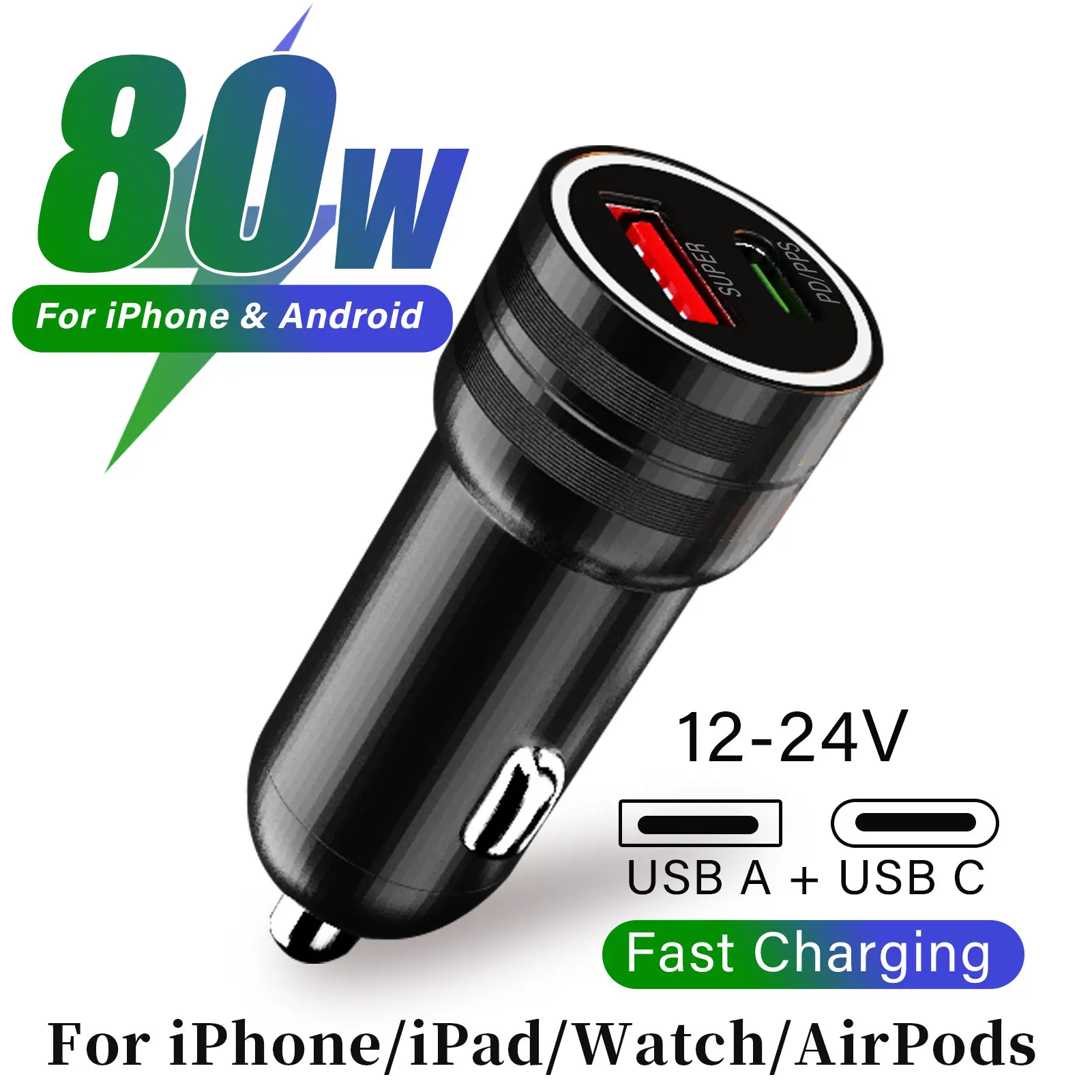 For Apple car charger for iPhone 17 16 15 iPad AirPods Watch 2port USB C Cigarette Lighter adapter for Samsung S25 Google tablet