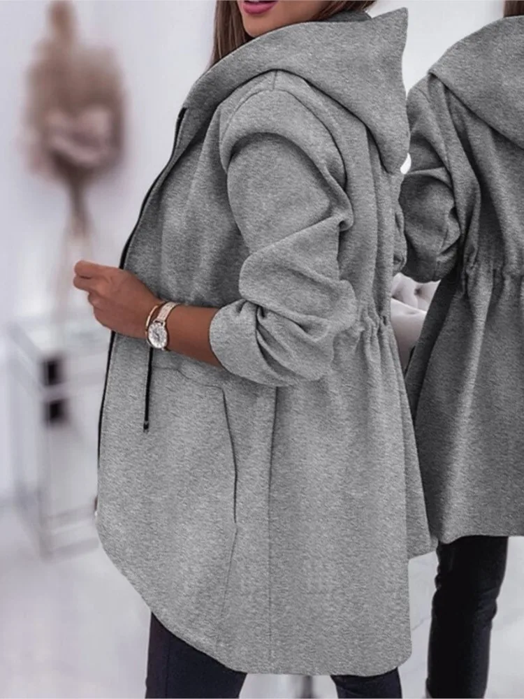 Women Casual Solid Hooded Zipper Jacket Coats Autumn Winter Full Sleeved Thick Jackets Tight Waist Spliced Length Pockets Coat