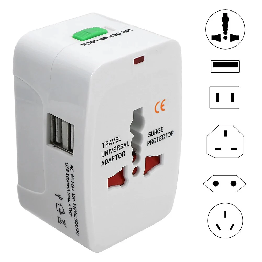 Adaptador de Enchufe Internacional Todo en Uno, Convertidor AU US UK EU, Portátil, 2 Puertos USB Tipo C
