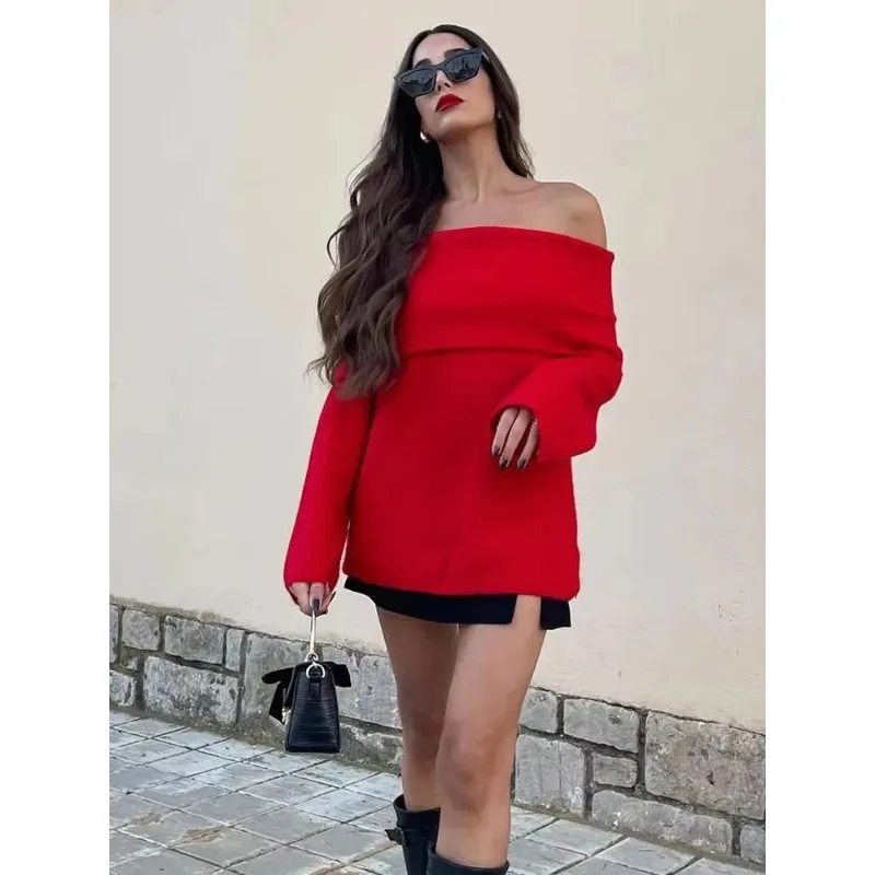 

Autumn winter Female Casual Knitwear Chic Top Women Fashion Solid Off Shoulder Sweater Long Sleeve Knitted Pullover Sweater