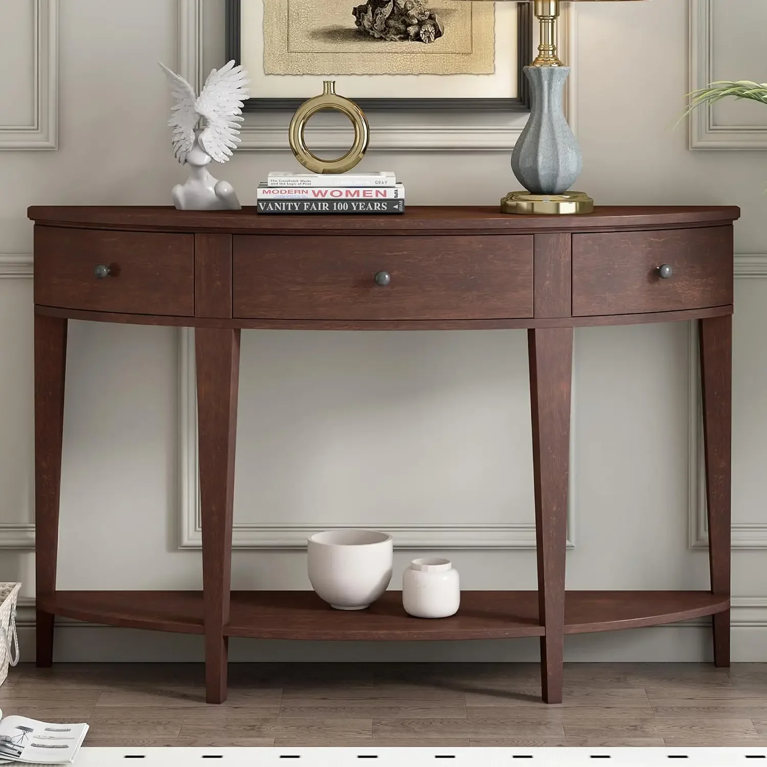 Modern Curved Console Table 51-Inch Half Moon Entry Sofa Table with Drawers and Open Storage Shelf for Living Room Entryway