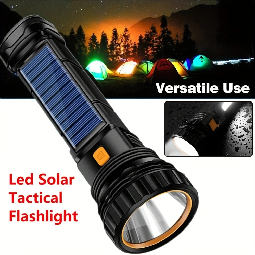 1pc LED Solar Tactical Flashlight With COB 1200mah, Rechargeable Battery Waterproof Outdoor Camping Emergency Light