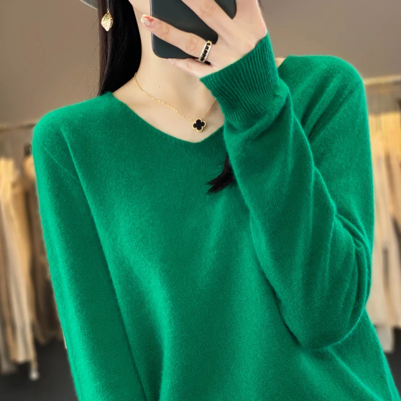 

Autumn and Winter New Women's Simple V-neck Temperament Long Sleeved 100% Pure Wool Casual Versatile Knitted Base Wool Sweater