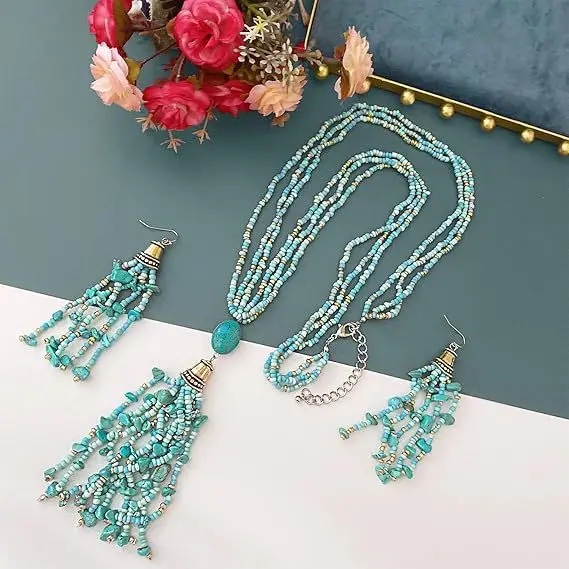 الرجعية مطرز شرابة طويلة قلادة أقراط للنساء الفاخرة مهدب سلسلة مجموعة البوهيمي مجوهرات العرقية متعدد الطبقات طوق المختنق #1