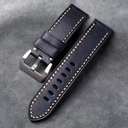 Head Layer Cowhide Leather Strap 22 24 26MM Navy Blue Folded Hand-Stitched Bracelet Suitable For Military Watches Bronze