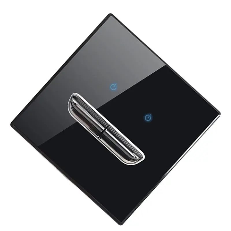 AS94-2X Wall Light Switch 2 Gang Tempered Glass Panel Blue LED Night Light Black Pass Through