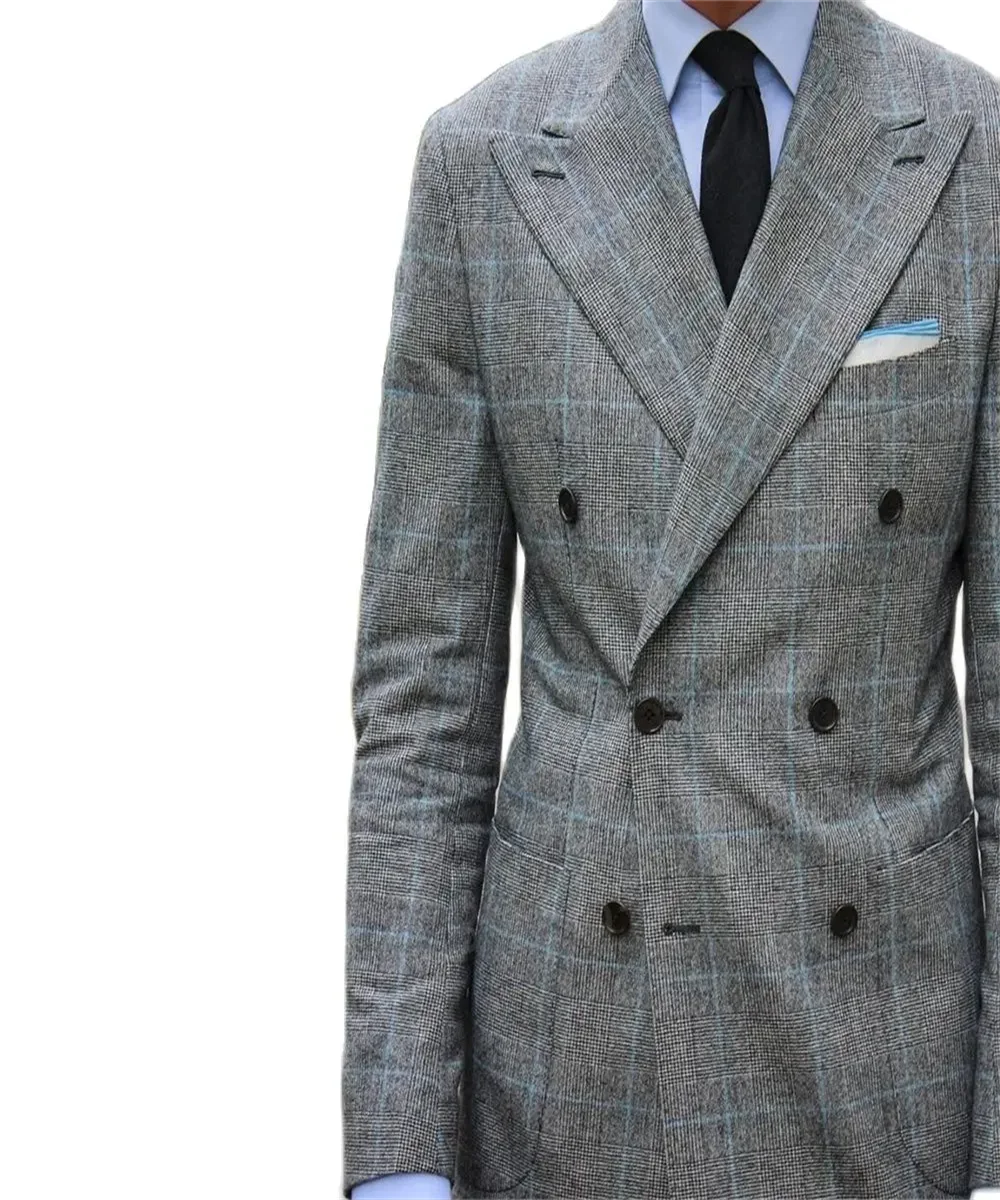 2024 Fashion Grey Plaid Suits Menโโs Wedding Groom Tuxedo Business Blazer Slim Fit 2 Piece Daily Jacket Pants Costume Homme