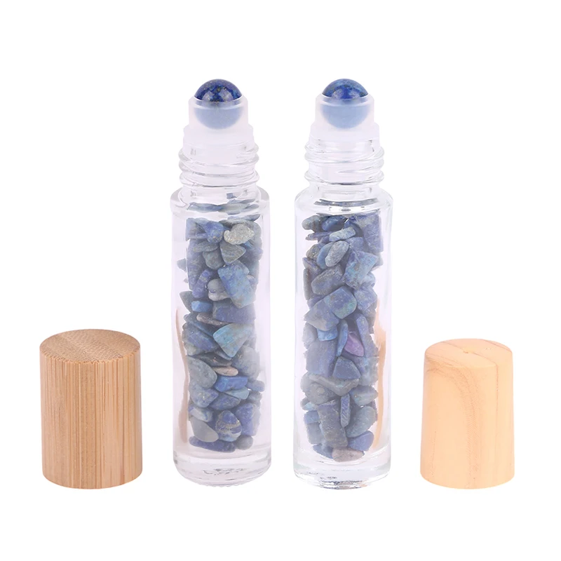 10ml Roll On Bottle With Gemstone Roller Ball Crystal Chips Inside Glass Rolle Essential Oil Sample Container Bamboo Lids