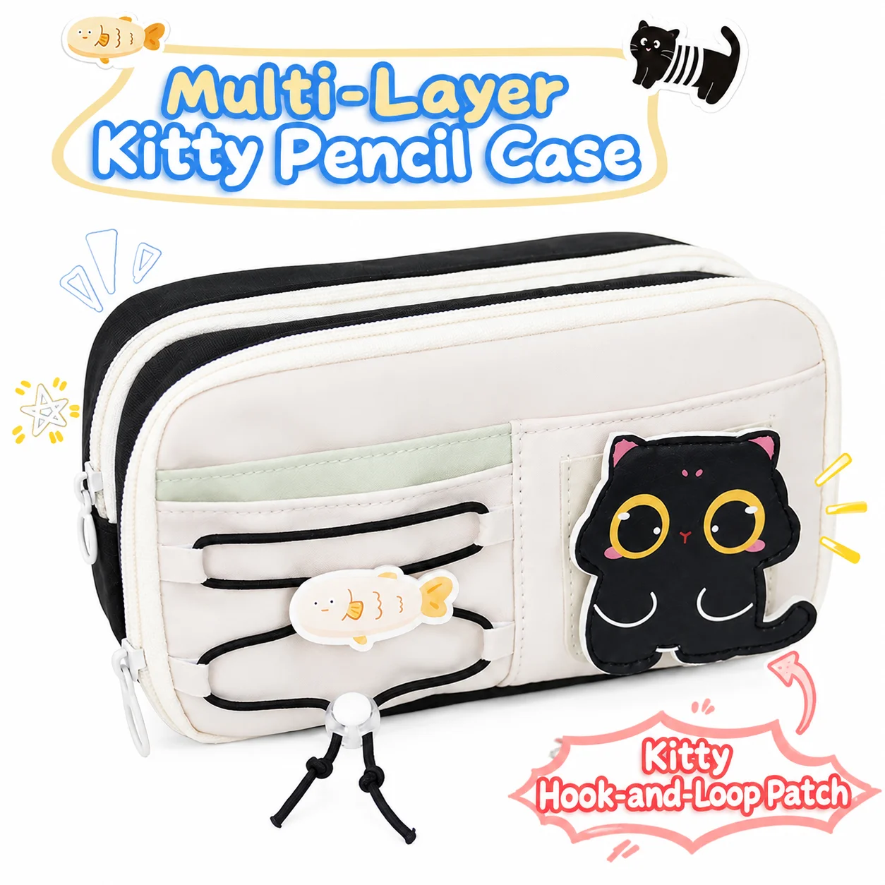 Large Capacity Multi Layer Pencil Case for Kids Cute Cartoon Cat Apple Pencil Bag with Elastic Pen Holders Zipper Stationery Org