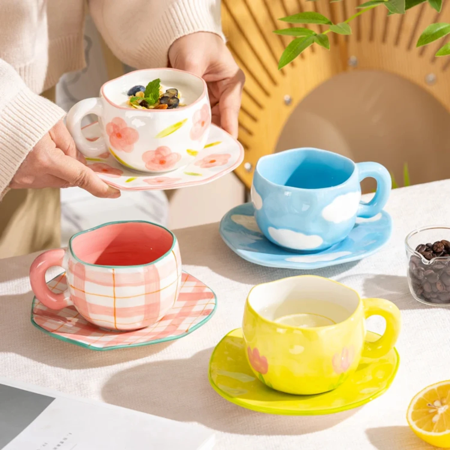 

Hand-painted Creative Irregular Ceramic Mug with Flower and Cloud Design - Unique Handmade Coffee Cup and Saucer Set for Breakfa