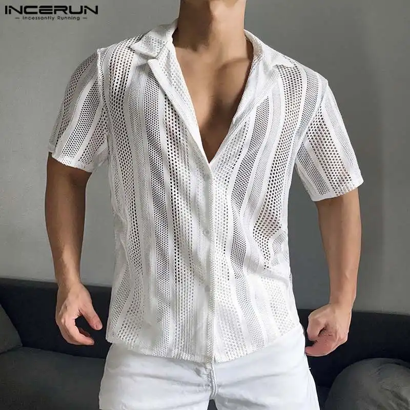 Fashion Well Fitting Tops INCERUN Men\'s Retro Jacquard Hollowed Design Shirts Casual Streetwear Short Sleeved Lapel Blouse S-5XL