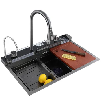 

Innovation Modern Design LED Digital Display Waterfall Kitchen Sink Single Slot Multifunction Cup Washer 3 Brass Water Saving