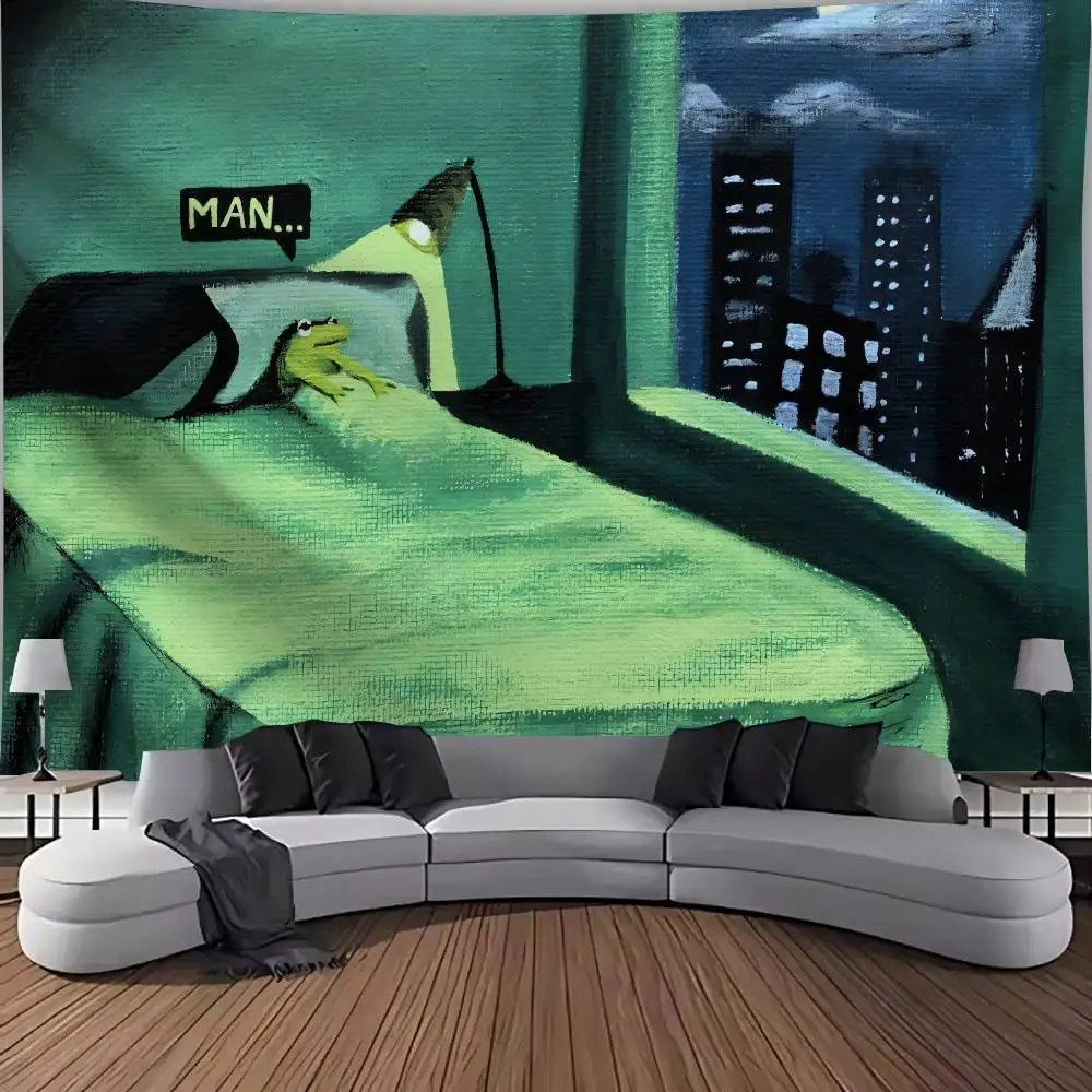 Funny Frog In Bed Meme Tapestry Retro Oil Painting Style City Night Scene Aesthetic Bedroom Dorm Background Home Wall Decor