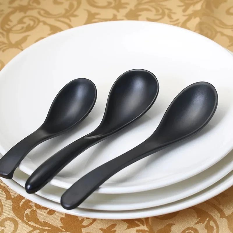 Diamine Long Handle Soup Spoon Black Imitation Porcelain Cutlery Short Handle Food Grade Plastic Spoon Korean Food Spoon