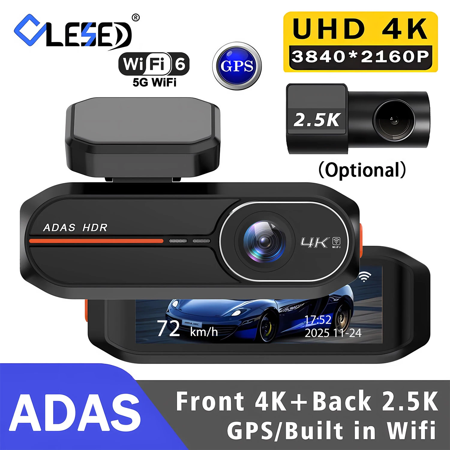 

4K 3840*2160P Dash Cam WiFi GPS ADAS Front 4K Rear 2.5K DVR Video Recorder 24H Night Vision Dashcam Car Camera For Car Black Box