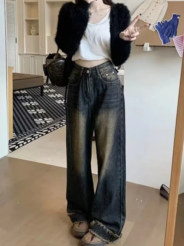 Estilo americano do vintage de cintura alta baggy perna reta jean feminino nova moda coreano alta rua calças jeans streetwear