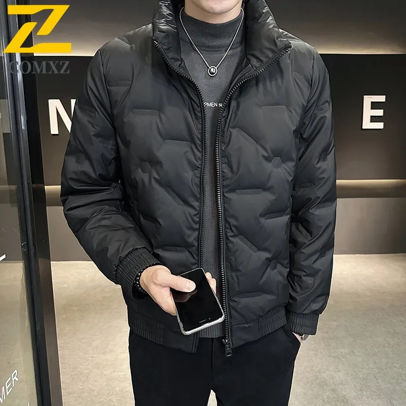 COMXZ Mens stand collar Puffer Jacket Korean Style Solid Color Cotton-Padded Waterproof Windproof Thermal wrinkle Outerwear 2025