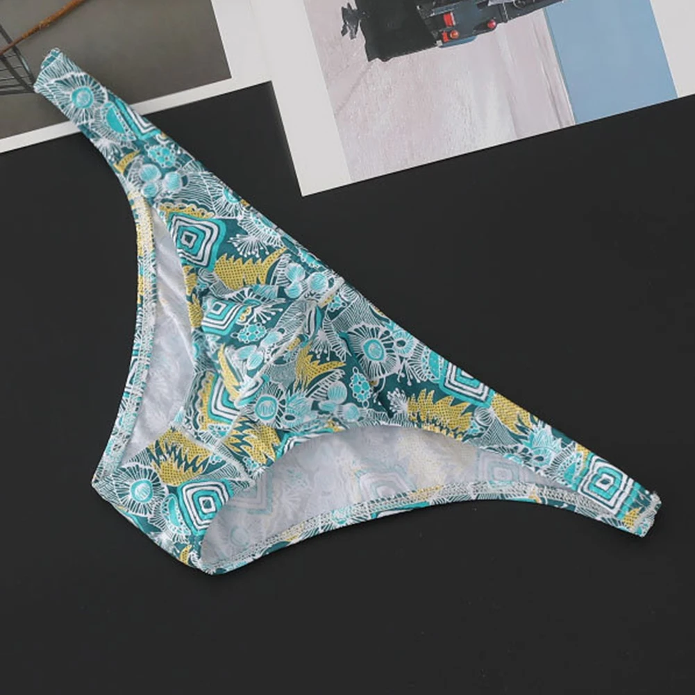 Mens Sexy Briefs Low Waist Print Underwear Breathable Thong Elastic Cotton Underpants Bulge Pouch Panties