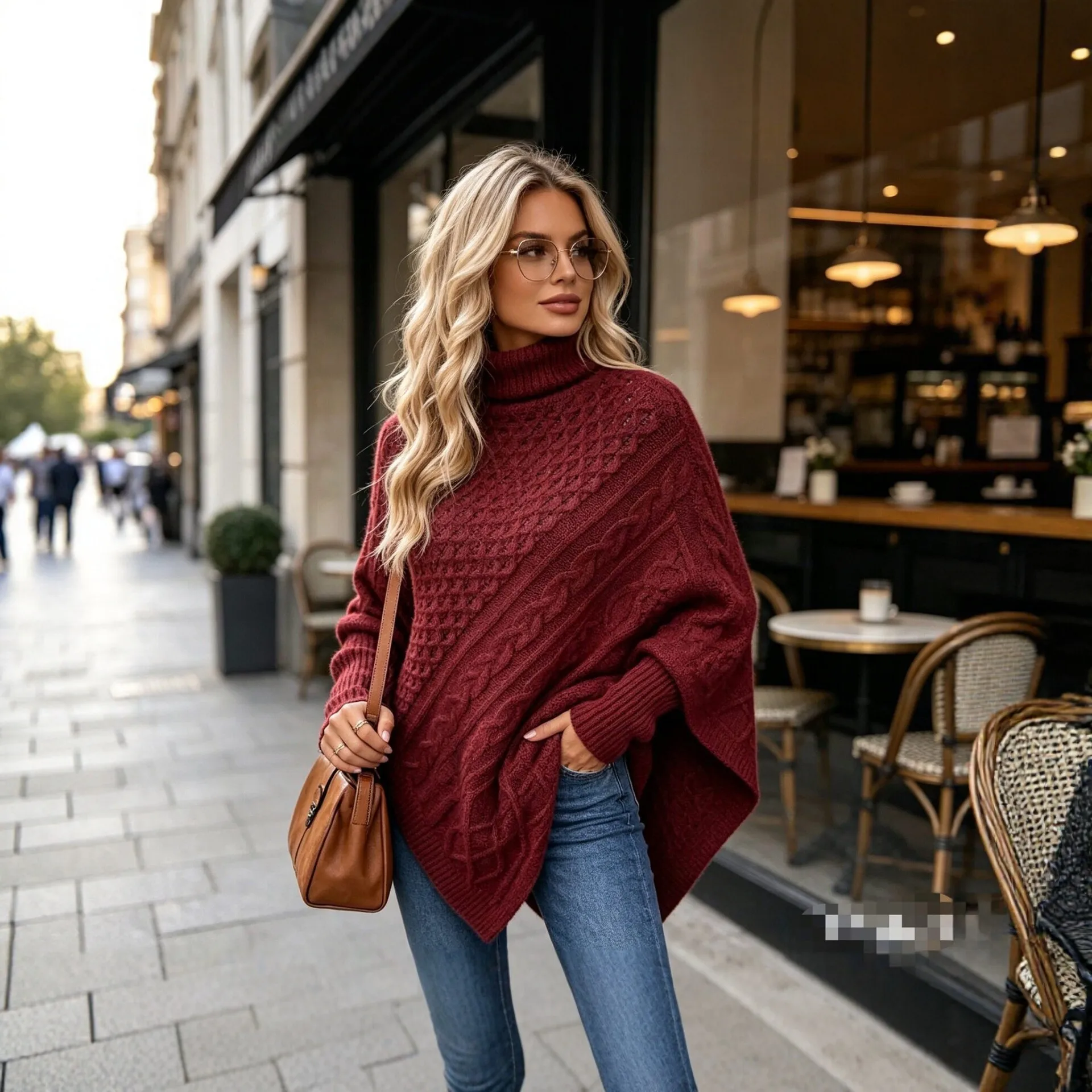 Ladies' Diagonal Texture Knitted Open Angle Sweater With High Neck And Irregular Hem, Oversized Autumn Warmth And Fashion Jumper