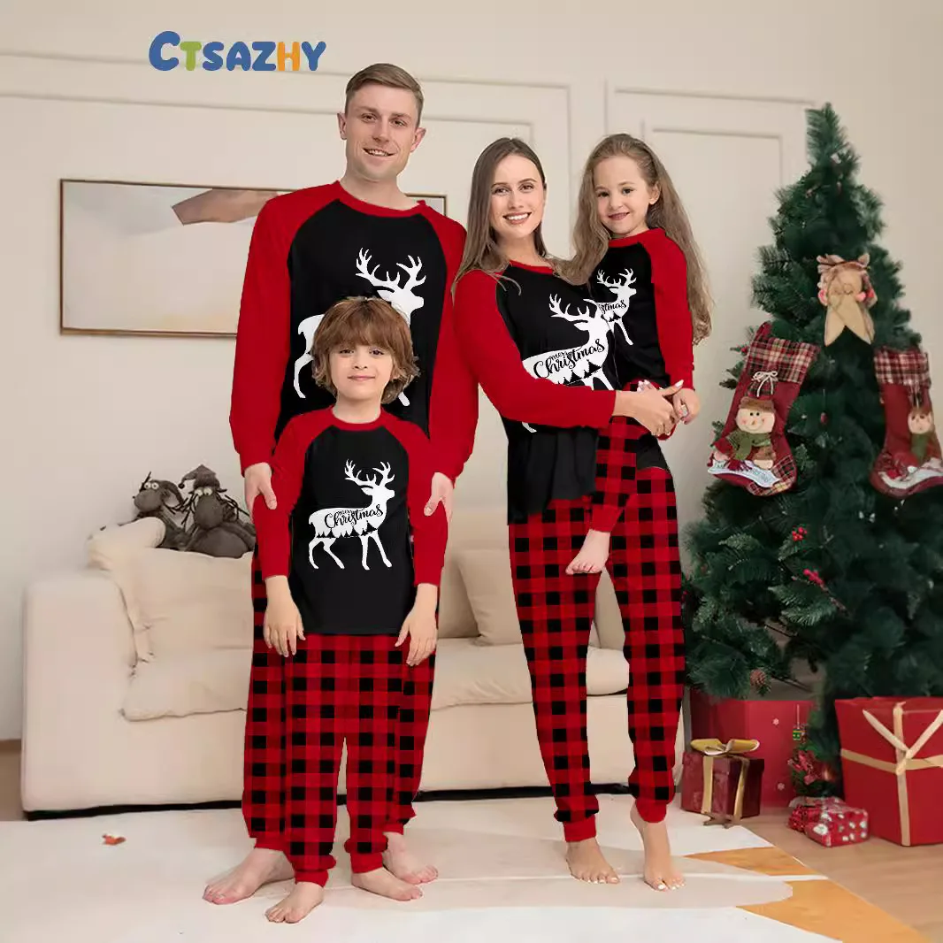 Christmas Family Matching Pajamas Set, Reindeer Print Plaid Loungewear, Long Sleeve Top & Pants Sleepwear for Mom Dad Kids