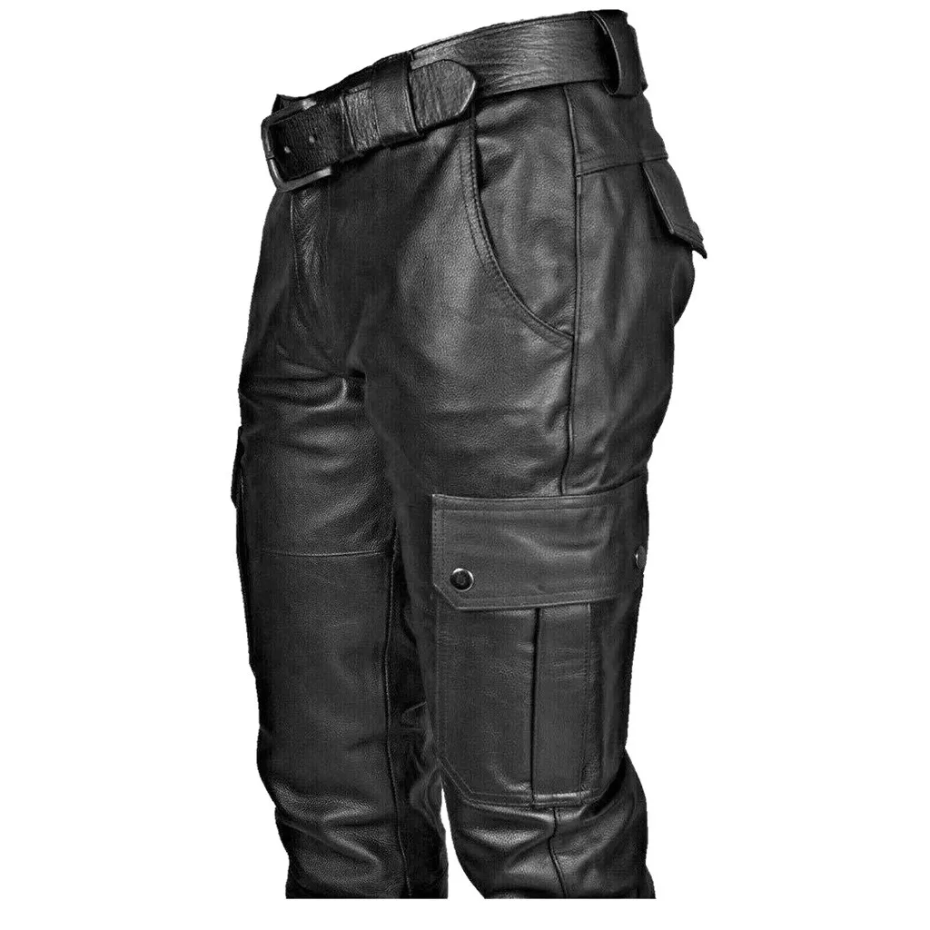 Slim Fit Men's PU Leather Long Trousers PUnk Style Autumn Spring Men's Casual Pants SteamPUnk Multi Pockets Male Fashion Pants