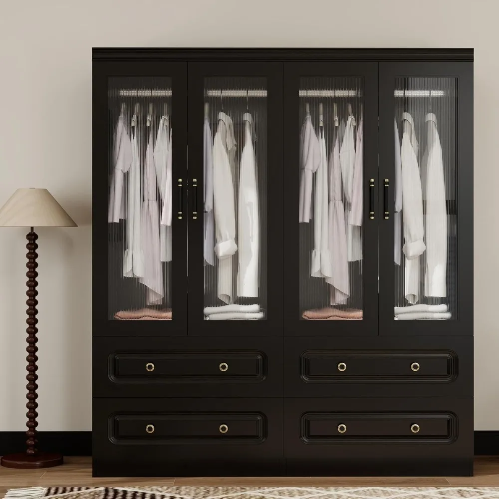 

Armoire Wardrobe Closet with 4 Glass Doors and 4 Drawers, Wardrobe Closet with 2 Hanging Rods, Armoires and Wardrobes