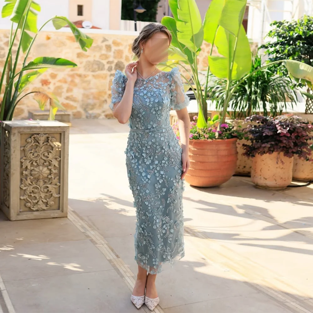 

Customized exquisite O-Neck Prom Gown Short Sleeve Sequined Beading Lace Tea-Length Prom Gown Modern Long birthday Party Dress