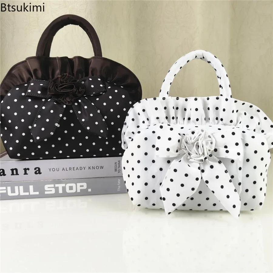 Retro Ethnic Style Bowknot Handbag Women's Black White Polka Dots Cute Tote Casual Versatile Ladies Purses with Zipper Handbags
