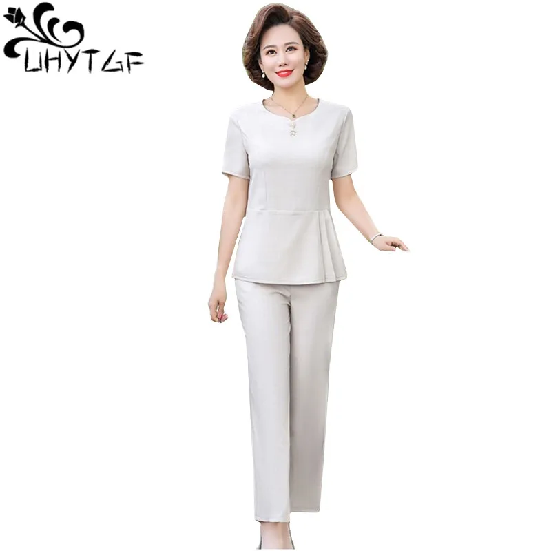 

UHYTGF Fashion Mom Summer Two Piece Sets Womens Outifits Short Sleeve Top Casual Female Tracksuit Middle-Aged Ladies Suit 5XL 50