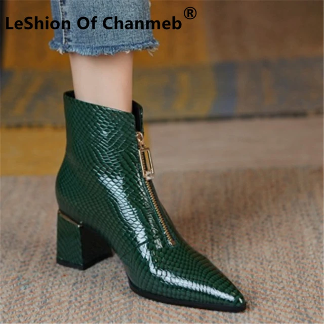 Ladies green leather ankle boots best sale