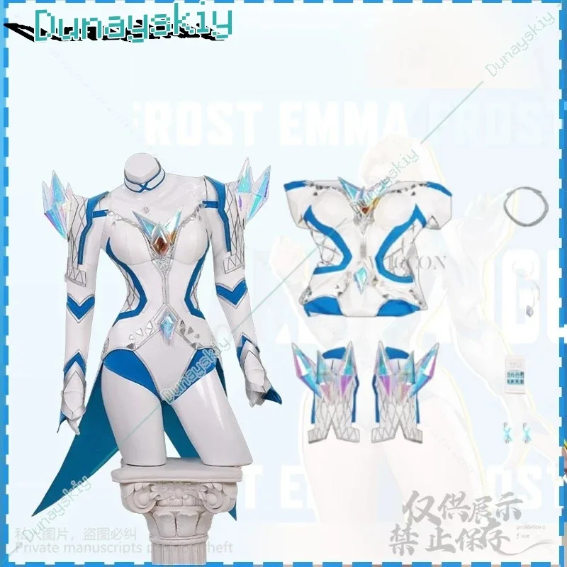 أنيمي لعبة المنافسين تأثيري الملكة إيما زي جلد أبيض مثير بذلة الخيال لوليتا أحذية الباروكات مجموعة هالوين مخصصة