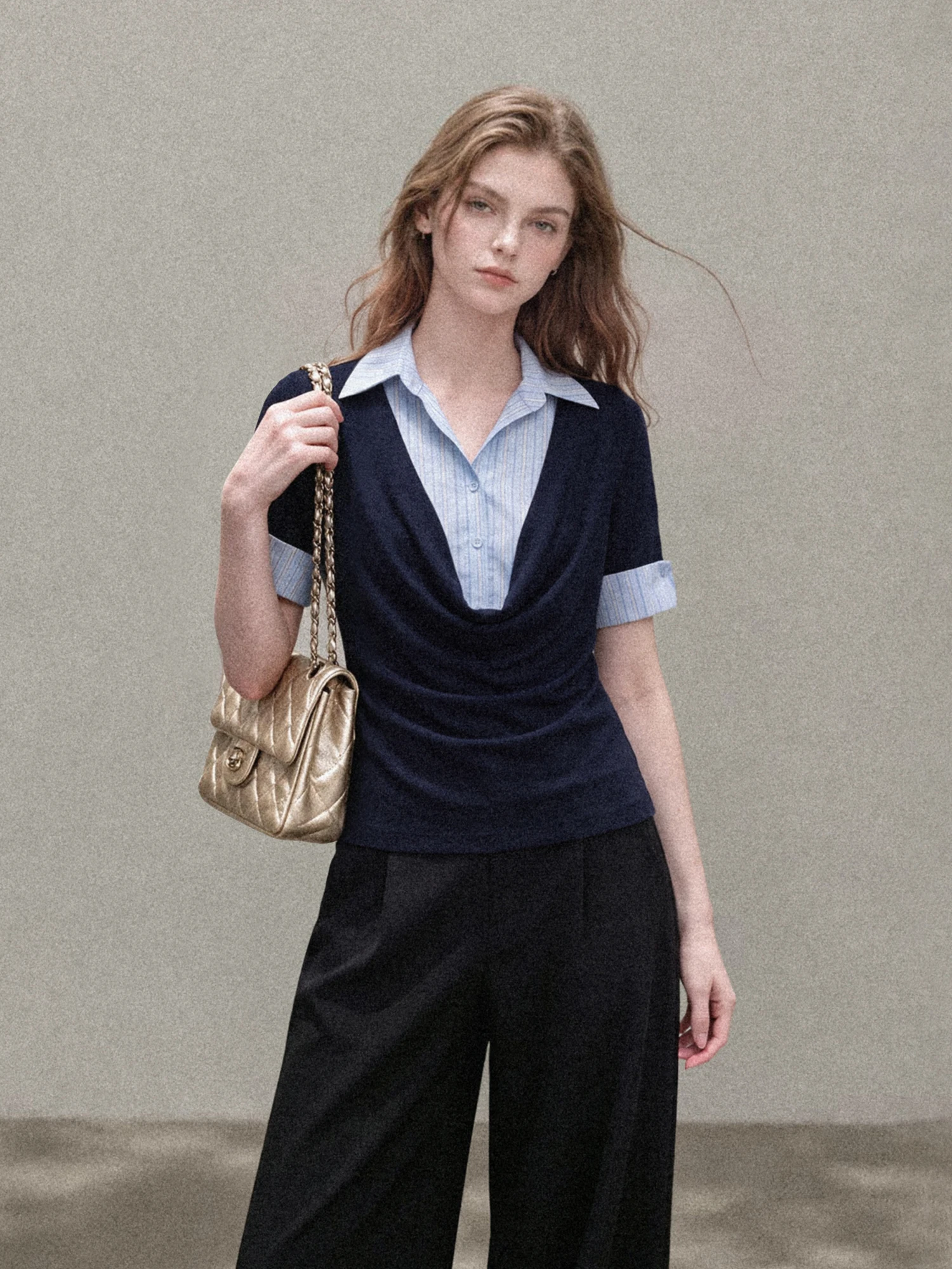 Slim Fit Short Sleeve T-Shirt Women Summer Korean Style Patchwork Shirt Collar Fake Two-Piece Daily Wear for Young Girls