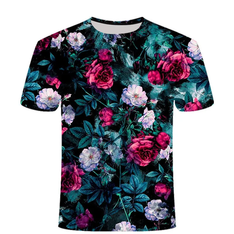 Big Size 3D Flower Print Men\'s Casual T-Shirts Large Size Short Sleeve Street Tops 6XL Oversized Rose Floral Printed Loose Tees