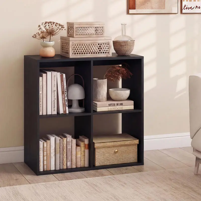 4 Cube Bookshelf, Open Storage Shelf With Back Guardrail, Freestanding Bookcase For Living Room, Bedroom, Black
