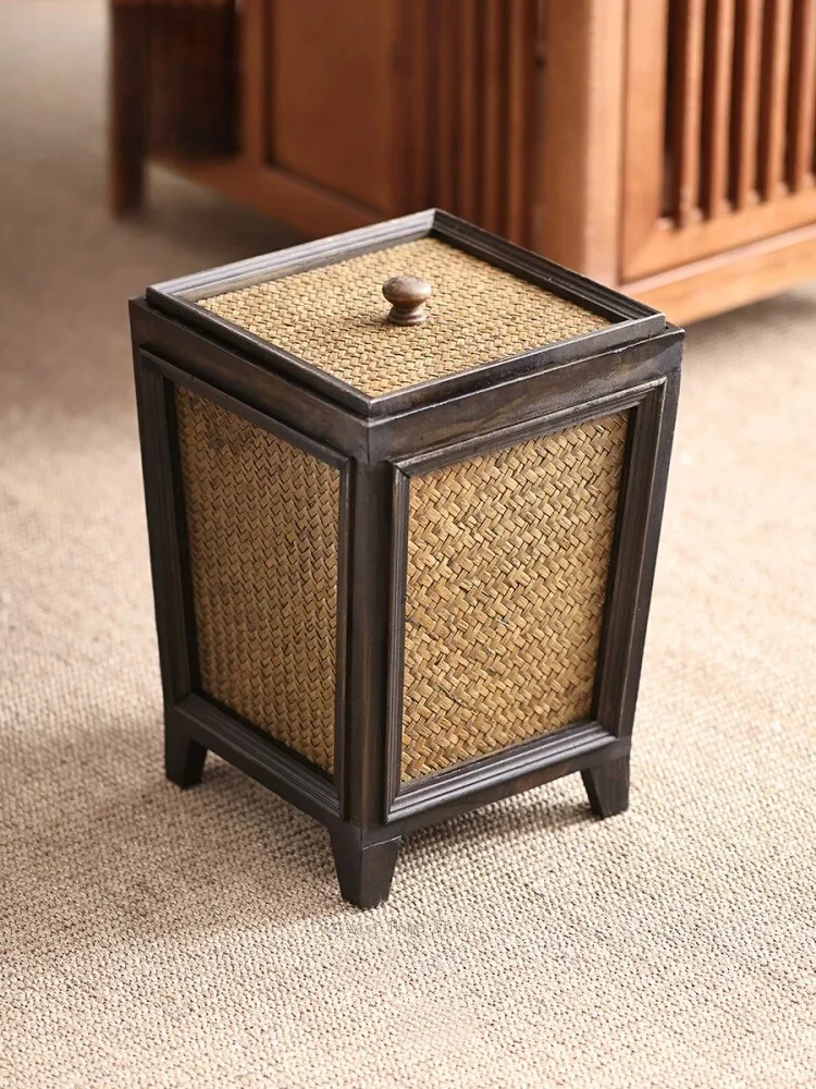 Wooden paper basket Living room Ancient bamboo woven garbage basket Household solid wood trash can