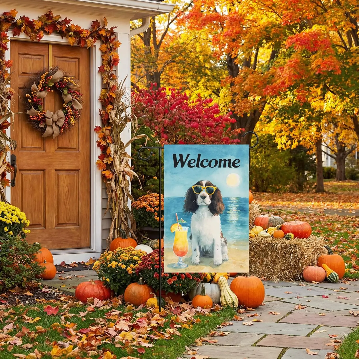 English Springer Spaniel Summer Garden Flag 12x18 Inch Double-Sided Moonlit Beach With Cocktails Outdoor Seasonal Courtyard  ZZM