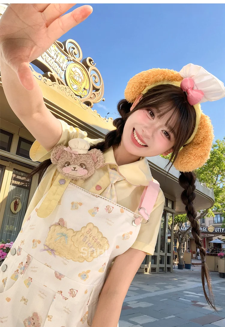 2025 여름 신상 스윗하고 인기있는 루즈핏 곰 프린트 스트랩 드레스 미니 여성용 옐로우 타이 칼라 반팔 셔츠
