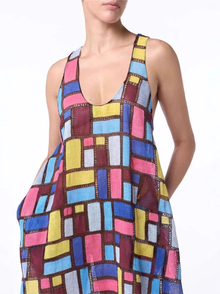 2026 frühling Sommer Neue Strand Urlaub Kleid frauen Mode Bunte Gedruckt Rundhals Ärmellose Lose bodenlangen Langen rock