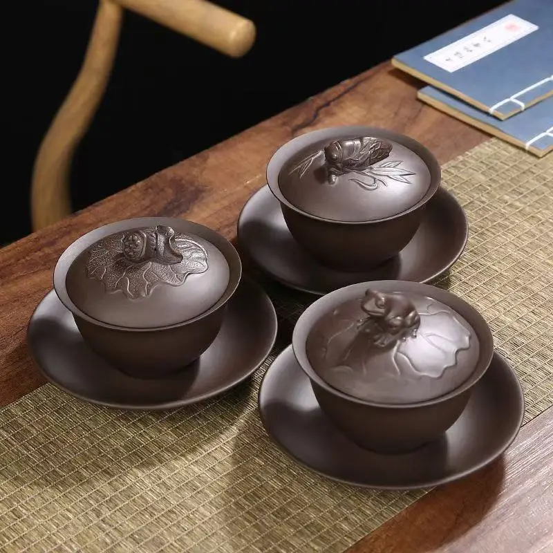 Creative Purple Clay Gaiwan Ceramic Sancai Bowl Handmade Kung Fu Teaware with Flog Cute Mini Household Tea Bowl Tea Tureen Cup
