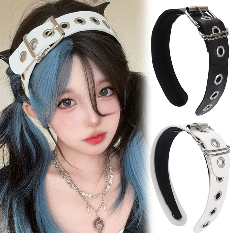 

Y2K Punk Hollow Out Headband Subculture Steampunk Hair Hoop Rock Dark Gothic Wide Side Headwear Cosplay Leather Buckle Hairbands