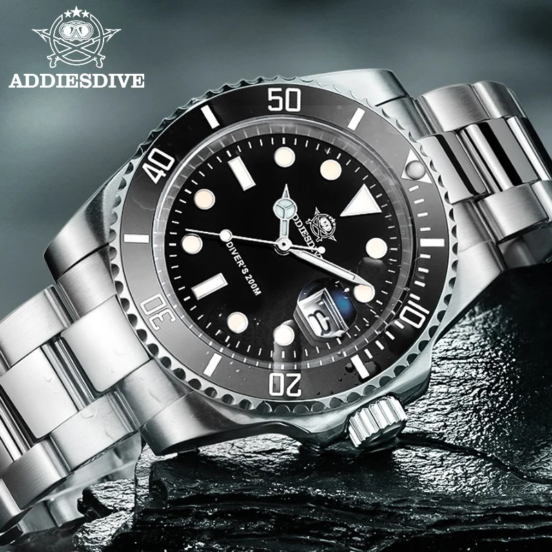 

ADDIESDIVE Luxury Men's Watches Classic Stainless Steel Ceramic Bezel BGW9 Super Luminous 20Bar Diver Watch Date Display reloj