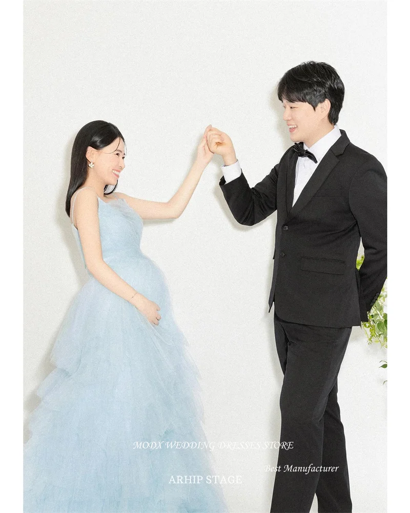 MODX-vestidos de novia elegantes de tul azul claro, sesión de fotos de Corea para embarazadas, tirantes finos, vestidos de novia escalonados, vestido de fiesta de noche