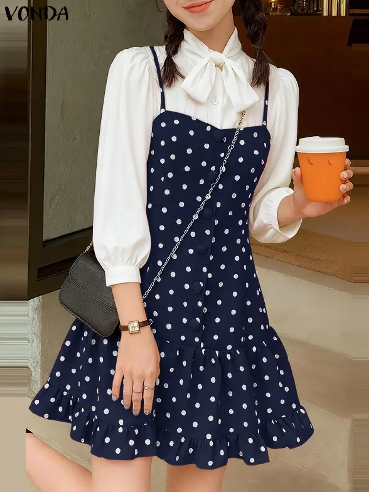 VONDA Moda Polka Dot Mini Coreano Patchwork Vestito 2025 Donne 3/4 Manica Colletto con fiocco Abiti corti Increspato Manica a sbuffo Vestito estivo