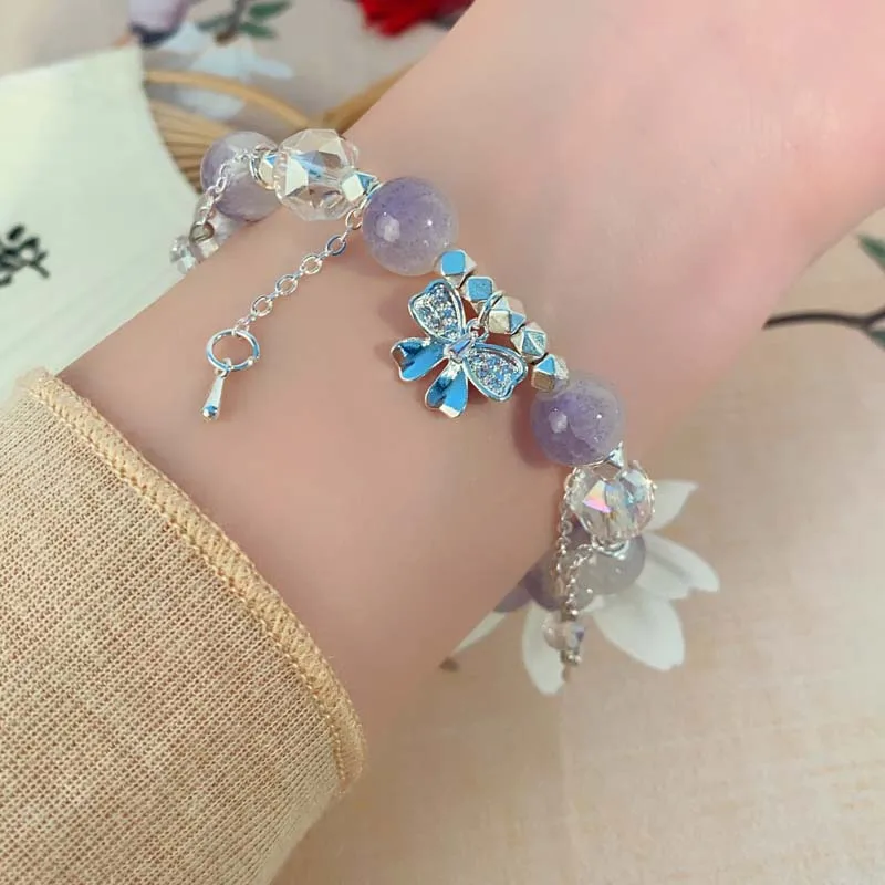 Fashion Pink Crystal Beaded Bow Pendant Bracelets for Women Girls Elegant Heart Wing Tassel Bracelets Friendship Jewelry Gifts