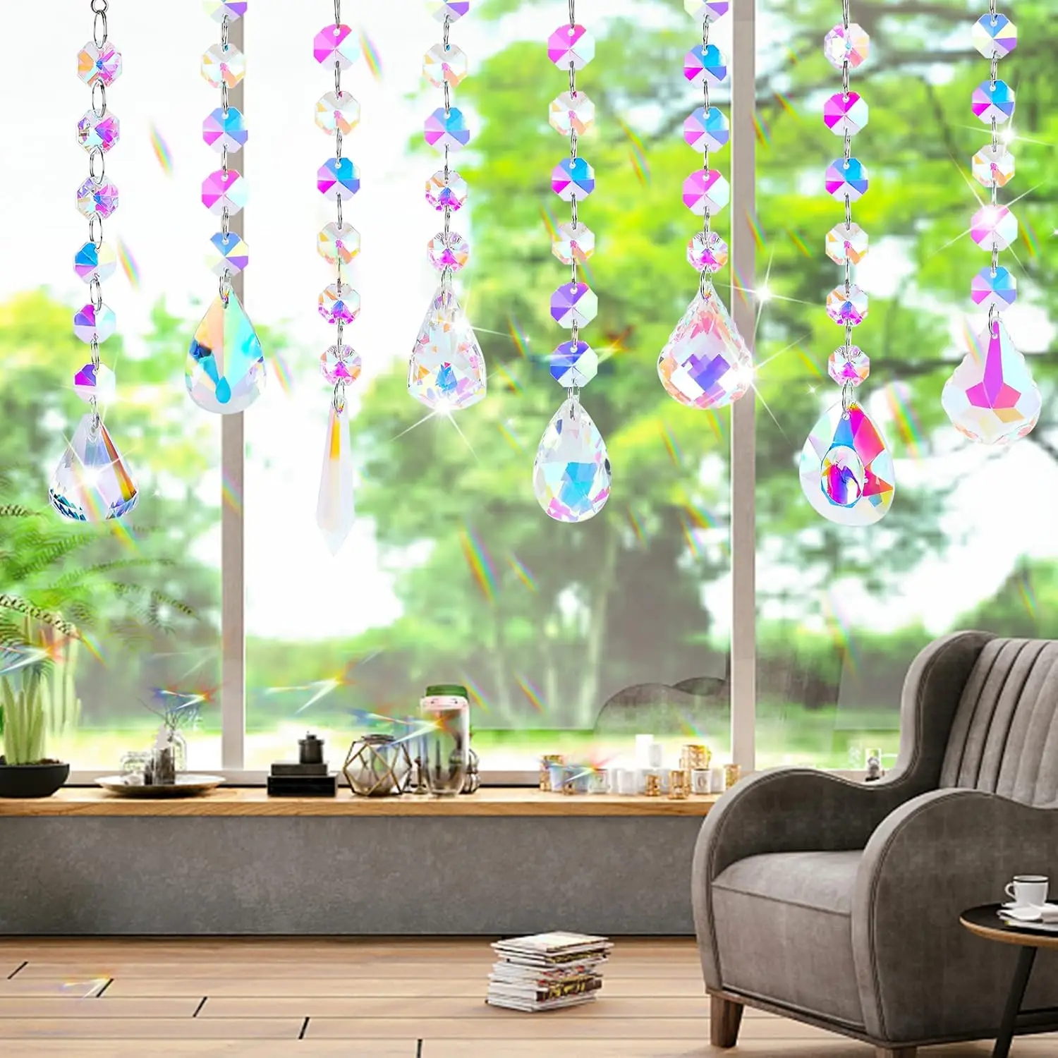 8 قطع من صائد الشمس الكريستالي، صائد الشمس للنافذة المعلقة بالكريستال المعلق على شكل قوس قزح، ديكور منشور قطرة زجاجية للزينة