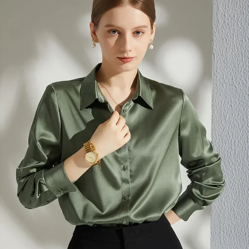 

Fanan High Quality Satin Shirts Women Elegant Loose Long Sleeve Button Office Lady Blouses Casual All-match Solid Blouse Woman