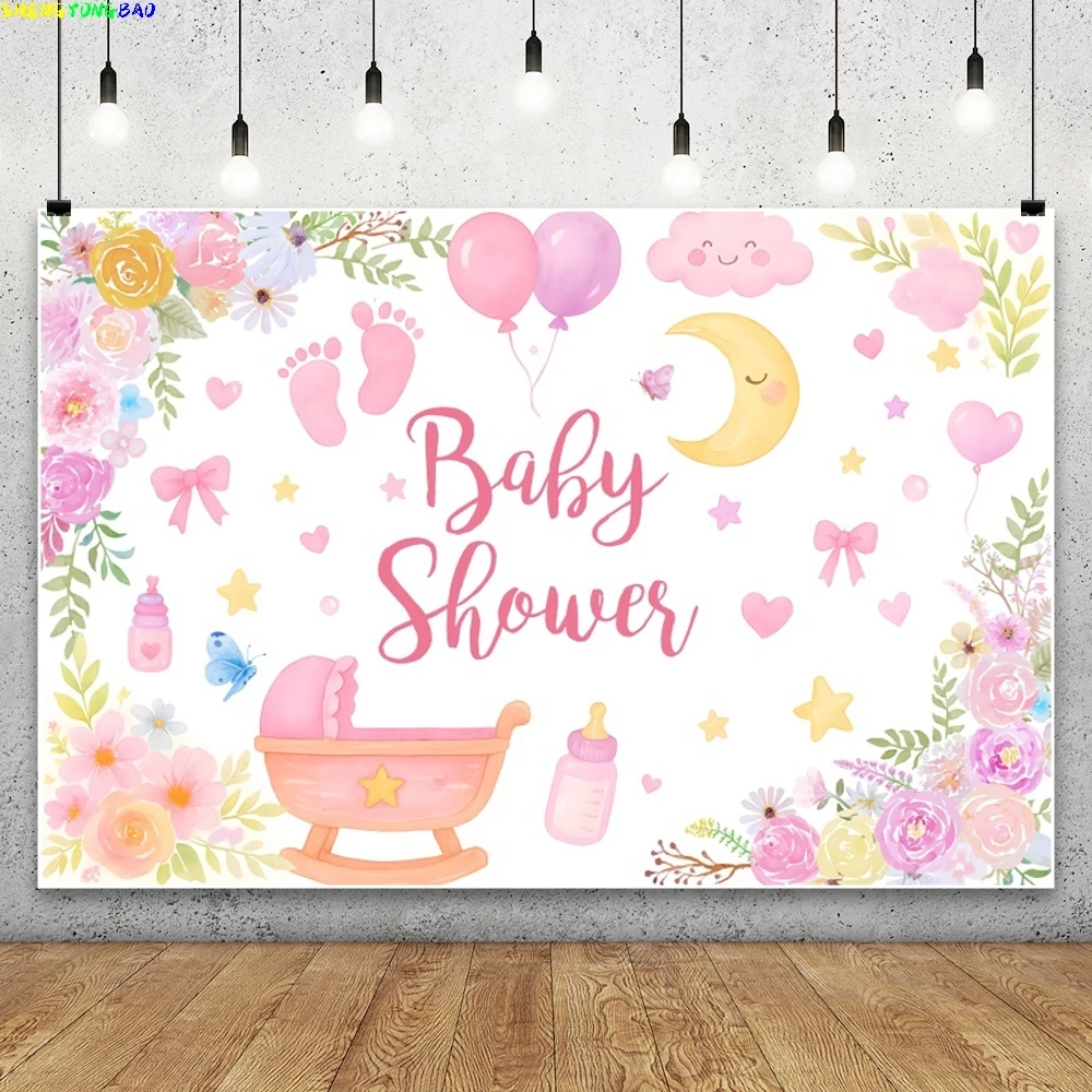 Neugeborenen Baby Dusche Fotografie Hintergrund Rosa Luftballons Blumen Baby Bett Flasche Süße Schlaf Mädchen Geburtstag Party Foto Hintergrund