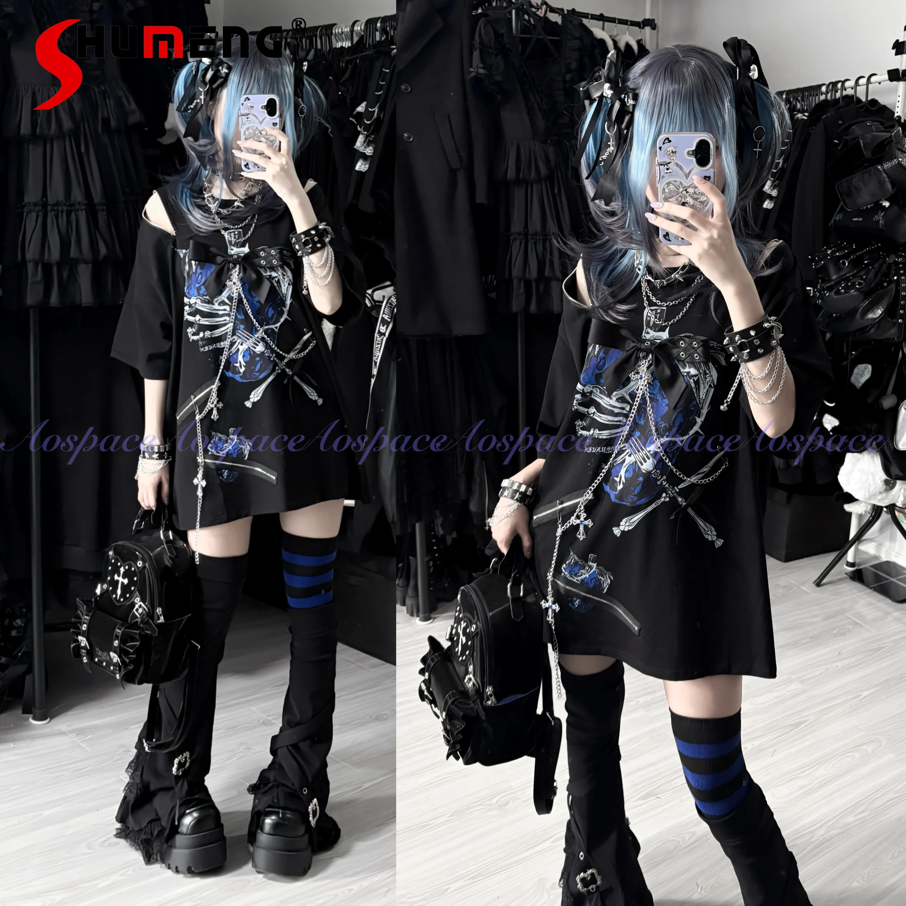 

Harajuku, эстетическая панк-субкультура, милая крутая футболка с короткими рукавами и открытыми плечами, 2025 г., женский свободный тонкий топ с цепочкой и принтом Y2K