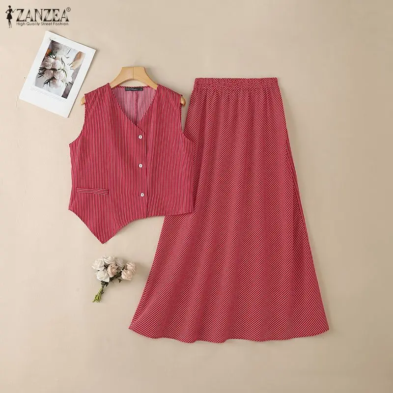 Women's Striped Skirt Suits Sleeveless Asymmetric Hem Top & A-Line Long Skirt 2 Pieces Sets ZANZEA Muslim Islamic Hijabs Outfits
